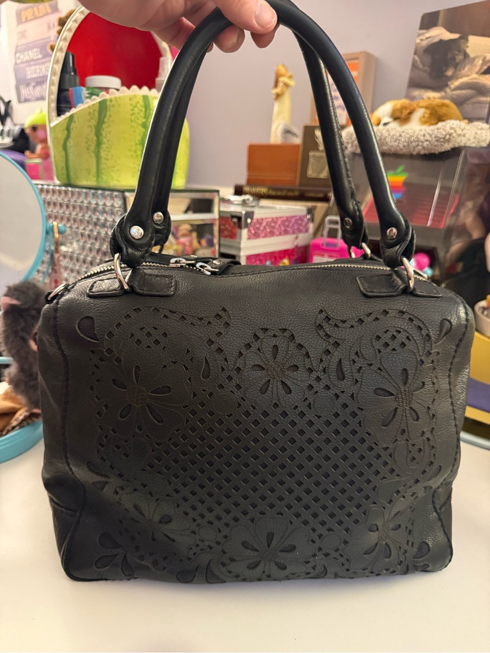 Vintage Y2K Isabella Fiore Black Leather Laser-Cut Floral Satchel Handbag
